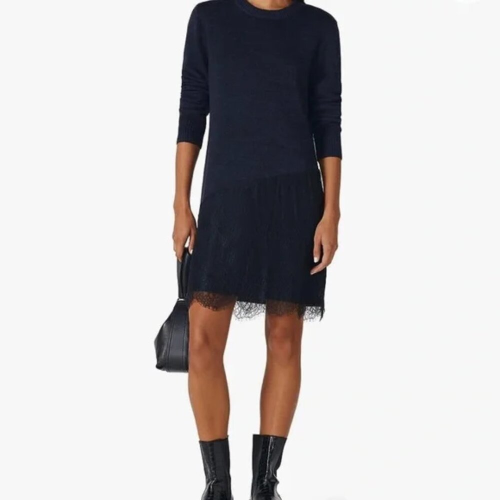 Thakoon Collective Asymmetric Lace Sweater Dress XS Navy Blue
